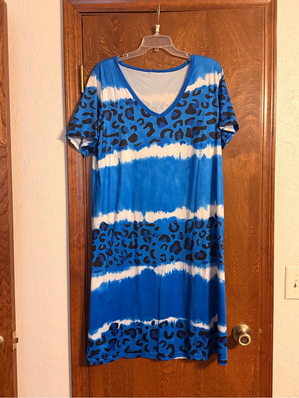 Blue Tie-Dye Leopard Print V-Neck Dress